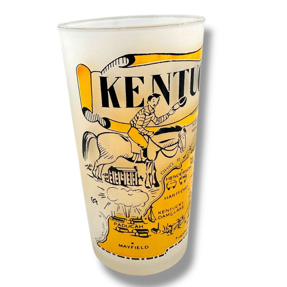 Vintage Kentucky State Souvenir Glass Frosted Tumbler  Hazel Atlas MCM Cowboy